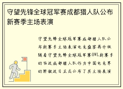 守望先锋全球冠军赛成都猎人队公布新赛季主场表演