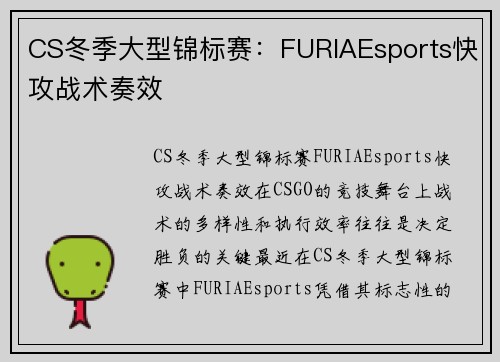 CS冬季大型锦标赛：FURIAEsports快攻战术奏效